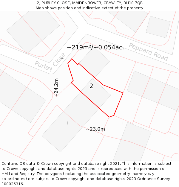 2, PURLEY CLOSE, MAIDENBOWER, CRAWLEY, RH10 7QR: Plot and title map