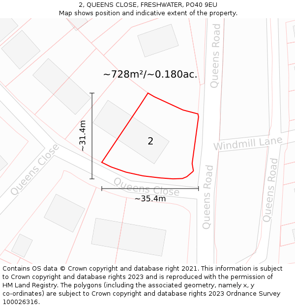 2, QUEENS CLOSE, FRESHWATER, PO40 9EU: Plot and title map