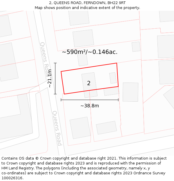 2, QUEENS ROAD, FERNDOWN, BH22 9RT: Plot and title map