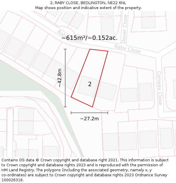 2, RABY CLOSE, BEDLINGTON, NE22 6NL: Plot and title map