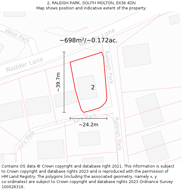 2, RALEIGH PARK, SOUTH MOLTON, EX36 4DN: Plot and title map