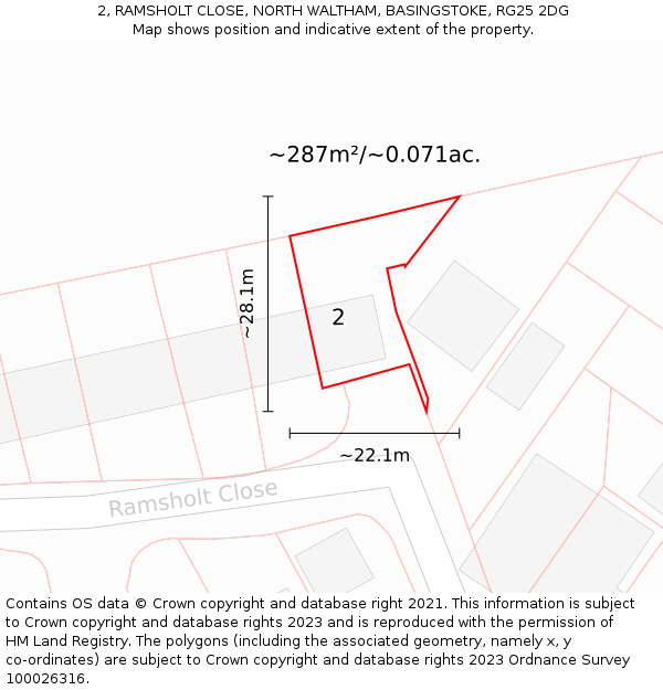 2, RAMSHOLT CLOSE, NORTH WALTHAM, BASINGSTOKE, RG25 2DG: Plot and title map