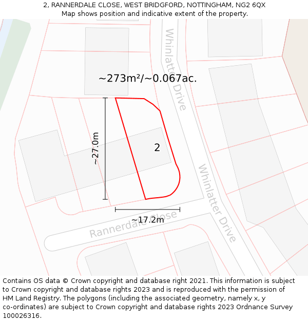 2, RANNERDALE CLOSE, WEST BRIDGFORD, NOTTINGHAM, NG2 6QX: Plot and title map