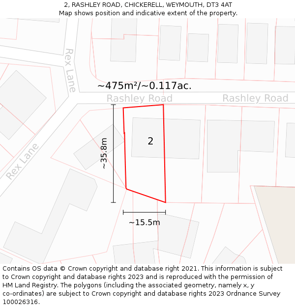 2, RASHLEY ROAD, CHICKERELL, WEYMOUTH, DT3 4AT: Plot and title map