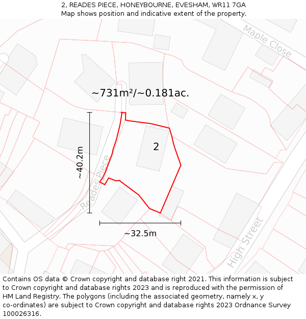 2, READES PIECE, HONEYBOURNE, EVESHAM, WR11 7GA: Plot and title map