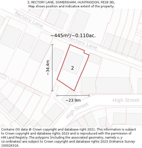 2, RECTORY LANE, SOMERSHAM, HUNTINGDON, PE28 3EL: Plot and title map