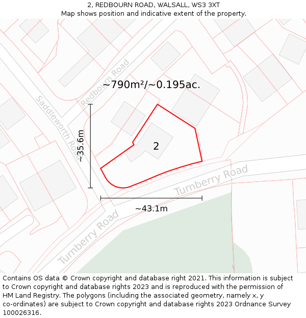 2, REDBOURN ROAD, WALSALL, WS3 3XT: Plot and title map