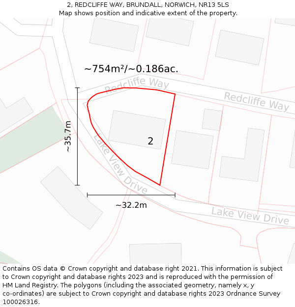 2, REDCLIFFE WAY, BRUNDALL, NORWICH, NR13 5LS: Plot and title map