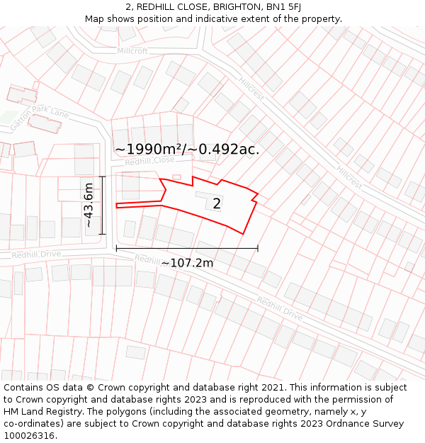 2, REDHILL CLOSE, BRIGHTON, BN1 5FJ: Plot and title map