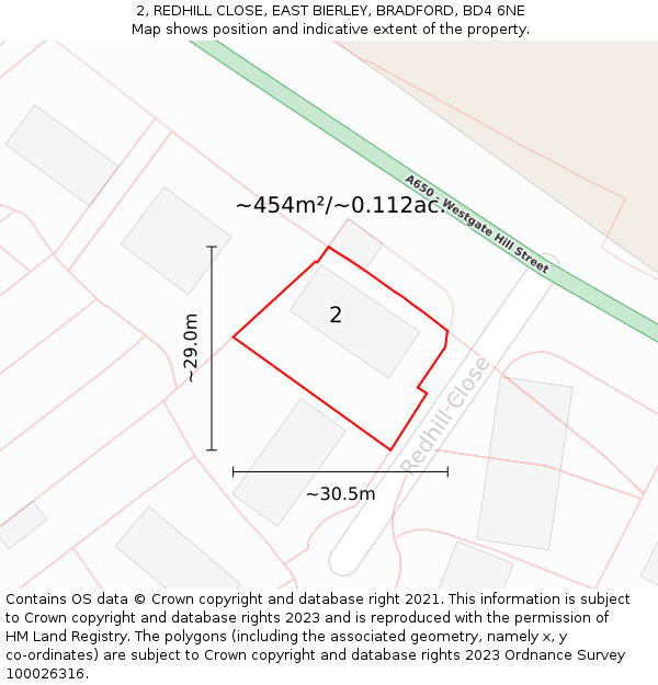 2, REDHILL CLOSE, EAST BIERLEY, BRADFORD, BD4 6NE: Plot and title map