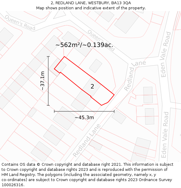 2, REDLAND LANE, WESTBURY, BA13 3QA: Plot and title map