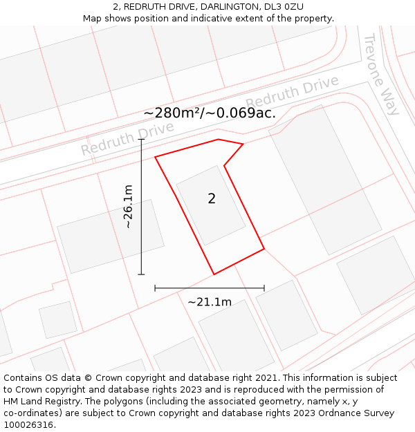 2, REDRUTH DRIVE, DARLINGTON, DL3 0ZU: Plot and title map