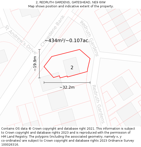 2, REDRUTH GARDENS, GATESHEAD, NE9 6XW: Plot and title map