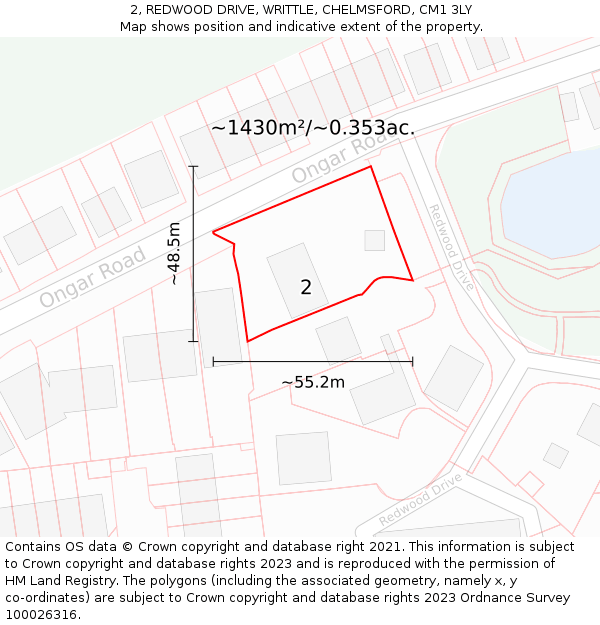 2, REDWOOD DRIVE, WRITTLE, CHELMSFORD, CM1 3LY: Plot and title map