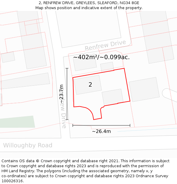 2, RENFREW DRIVE, GREYLEES, SLEAFORD, NG34 8GE: Plot and title map