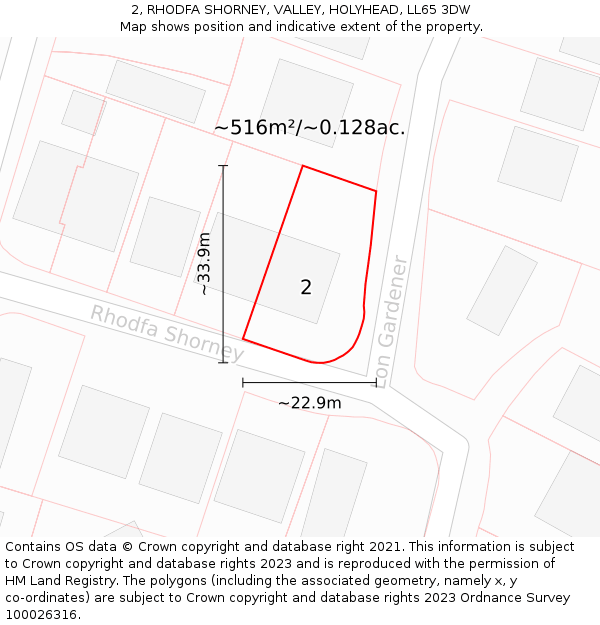 2, RHODFA SHORNEY, VALLEY, HOLYHEAD, LL65 3DW: Plot and title map