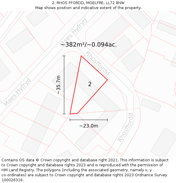 2, RHOS FFORDD, MOELFRE, LL72 8NW: Plot and title map