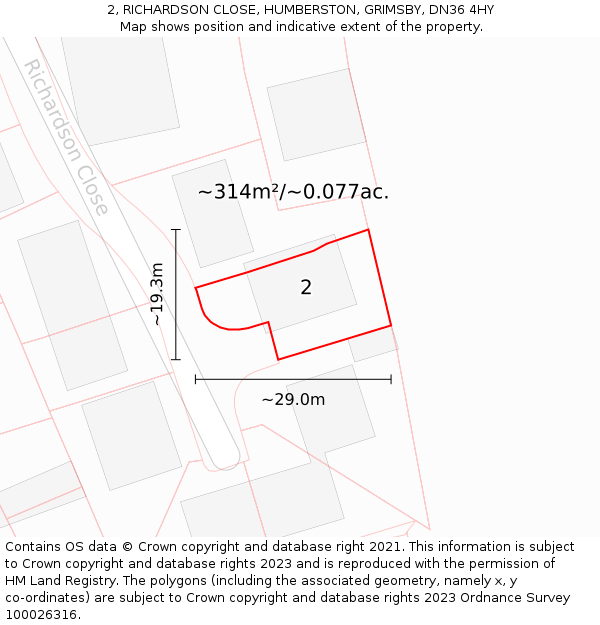 2, RICHARDSON CLOSE, HUMBERSTON, GRIMSBY, DN36 4HY: Plot and title map