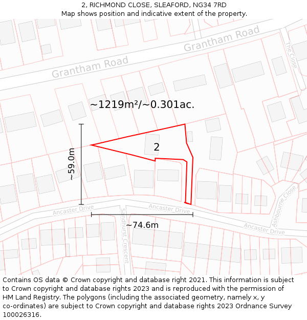 2, RICHMOND CLOSE, SLEAFORD, NG34 7RD: Plot and title map