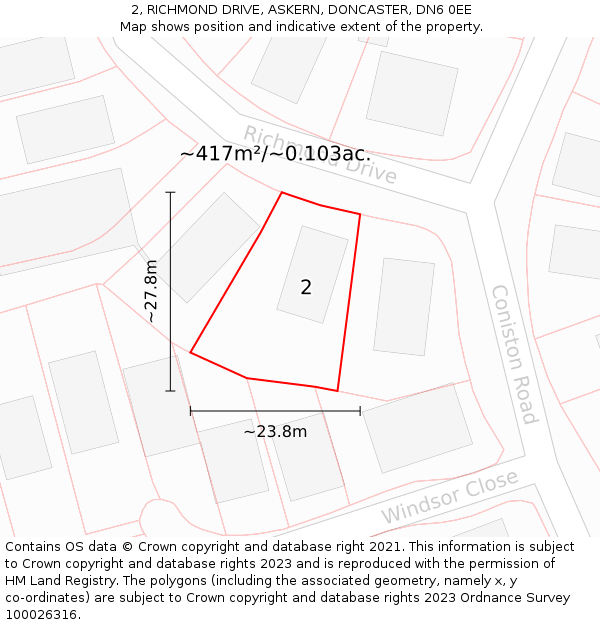 2, RICHMOND DRIVE, ASKERN, DONCASTER, DN6 0EE: Plot and title map