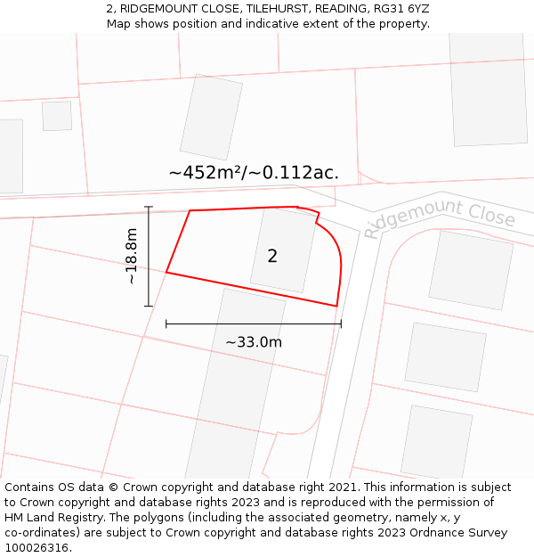 2, RIDGEMOUNT CLOSE, TILEHURST, READING, RG31 6YZ: Plot and title map