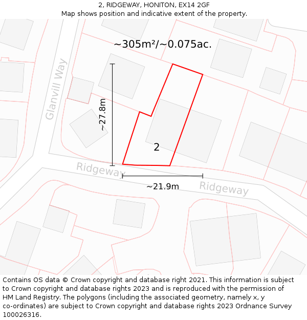 2, RIDGEWAY, HONITON, EX14 2GF: Plot and title map