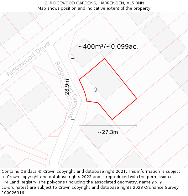 2, RIDGEWOOD GARDENS, HARPENDEN, AL5 3NN: Plot and title map