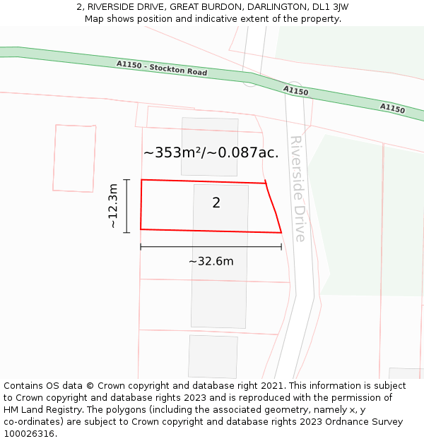 2, RIVERSIDE DRIVE, GREAT BURDON, DARLINGTON, DL1 3JW: Plot and title map