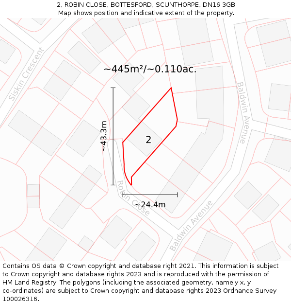 2, ROBIN CLOSE, BOTTESFORD, SCUNTHORPE, DN16 3GB: Plot and title map