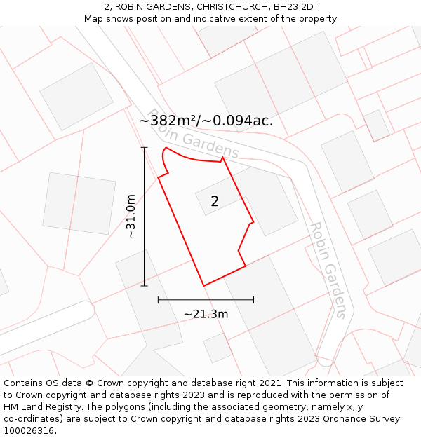 2, ROBIN GARDENS, CHRISTCHURCH, BH23 2DT: Plot and title map