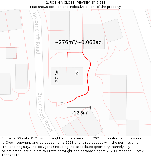 2, ROBINIA CLOSE, PEWSEY, SN9 5BT: Plot and title map