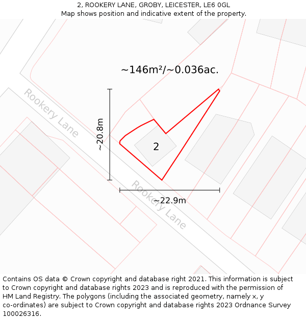 2, ROOKERY LANE, GROBY, LEICESTER, LE6 0GL: Plot and title map