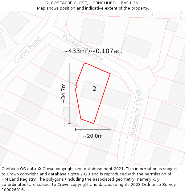 2, ROSEACRE CLOSE, HORNCHURCH, RM11 3NJ: Plot and title map