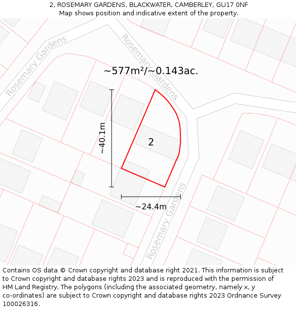 2, ROSEMARY GARDENS, BLACKWATER, CAMBERLEY, GU17 0NF: Plot and title map