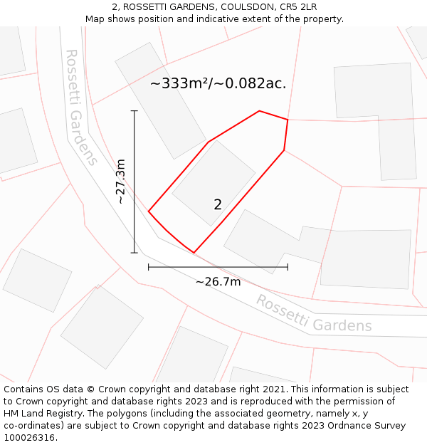 2, ROSSETTI GARDENS, COULSDON, CR5 2LR: Plot and title map