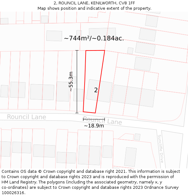 2, ROUNCIL LANE, KENILWORTH, CV8 1FF: Plot and title map