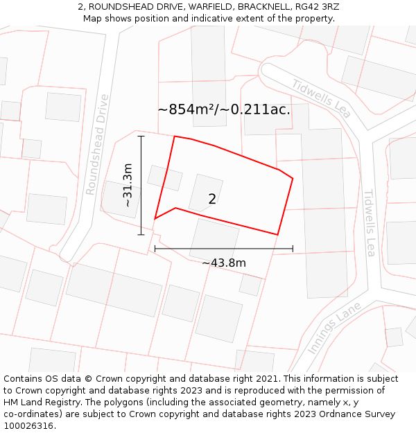 2, ROUNDSHEAD DRIVE, WARFIELD, BRACKNELL, RG42 3RZ: Plot and title map