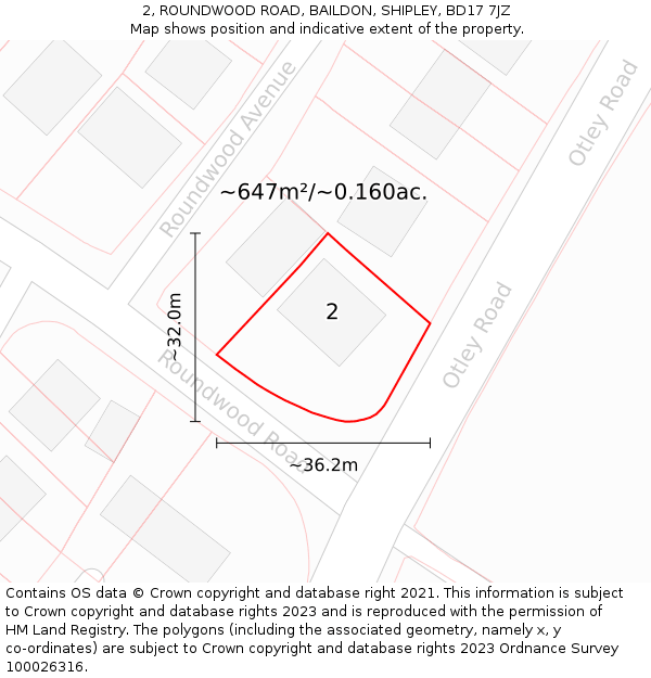 2, ROUNDWOOD ROAD, BAILDON, SHIPLEY, BD17 7JZ: Plot and title map