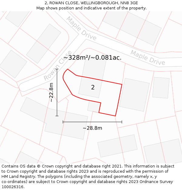 2, ROWAN CLOSE, WELLINGBOROUGH, NN8 3GE: Plot and title map