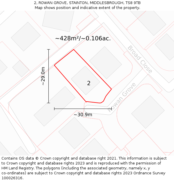 2, ROWAN GROVE, STAINTON, MIDDLESBROUGH, TS8 9TB: Plot and title map