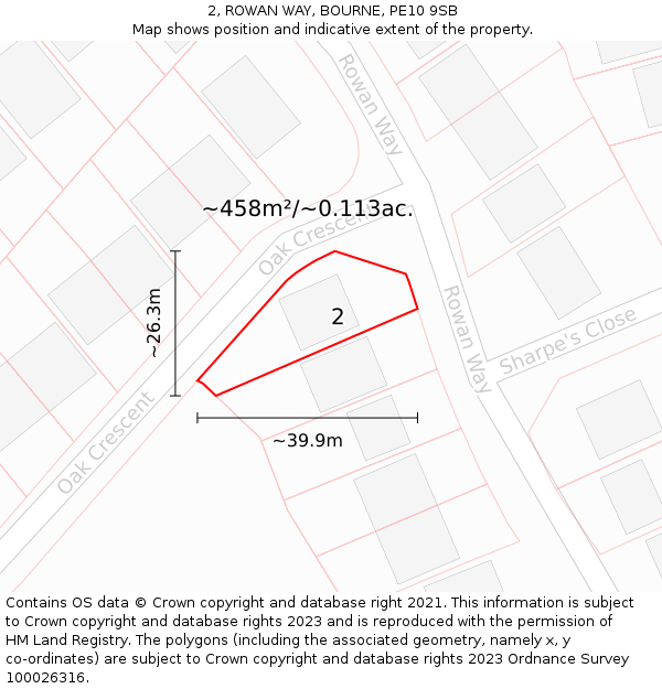 2, ROWAN WAY, BOURNE, PE10 9SB: Plot and title map