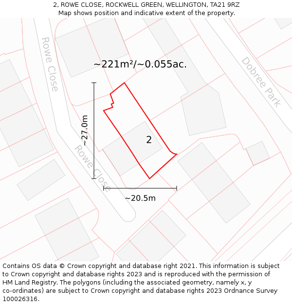 2, ROWE CLOSE, ROCKWELL GREEN, WELLINGTON, TA21 9RZ: Plot and title map