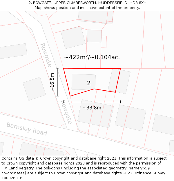 2, ROWGATE, UPPER CUMBERWORTH, HUDDERSFIELD, HD8 8XH: Plot and title map