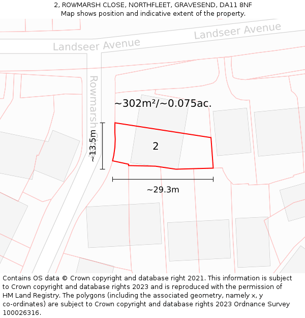 2, ROWMARSH CLOSE, NORTHFLEET, GRAVESEND, DA11 8NF: Plot and title map