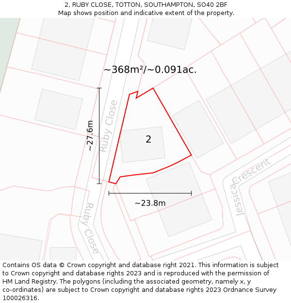 2, RUBY CLOSE, TOTTON, SOUTHAMPTON, SO40 2BF: Plot and title map