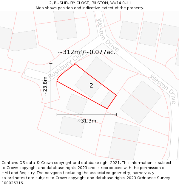 2, RUSHBURY CLOSE, BILSTON, WV14 0UH: Plot and title map