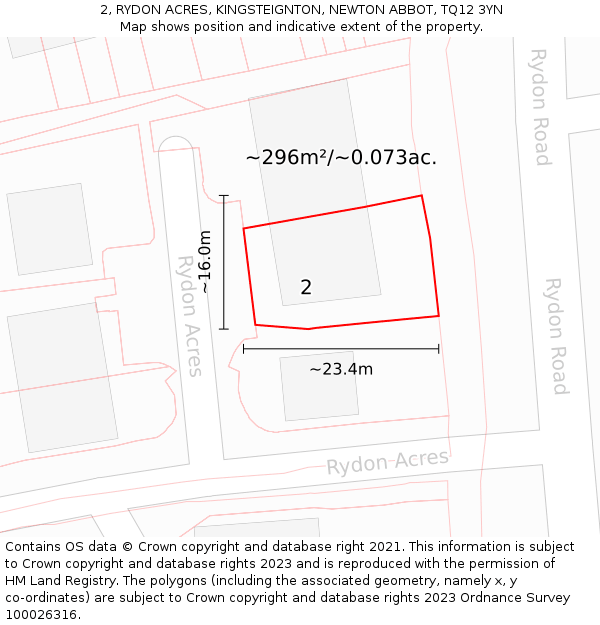 2, RYDON ACRES, KINGSTEIGNTON, NEWTON ABBOT, TQ12 3YN: Plot and title map