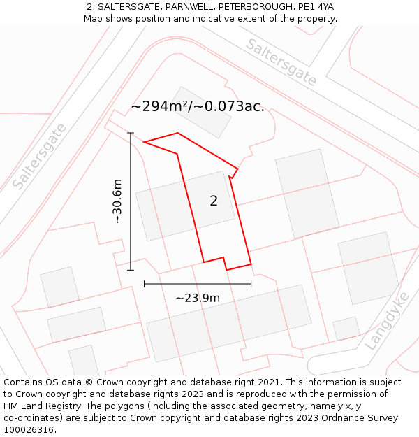 2, SALTERSGATE, PARNWELL, PETERBOROUGH, PE1 4YA: Plot and title map