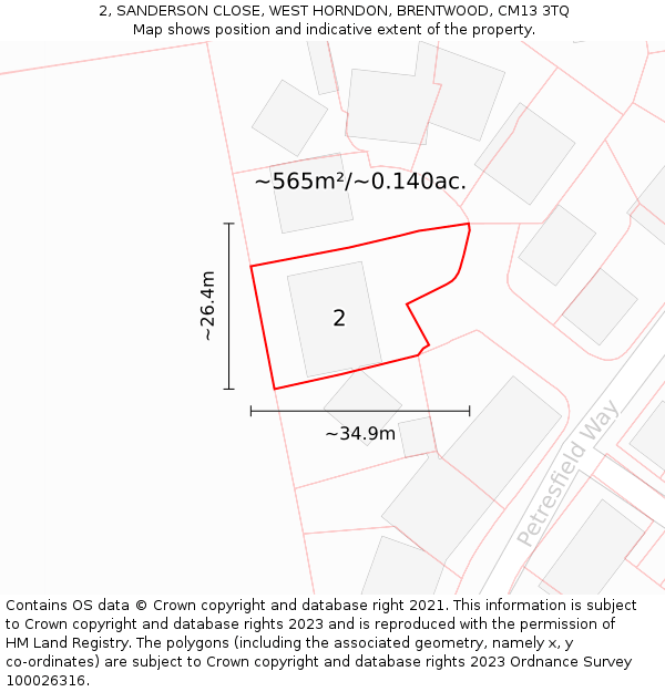 2, SANDERSON CLOSE, WEST HORNDON, BRENTWOOD, CM13 3TQ: Plot and title map