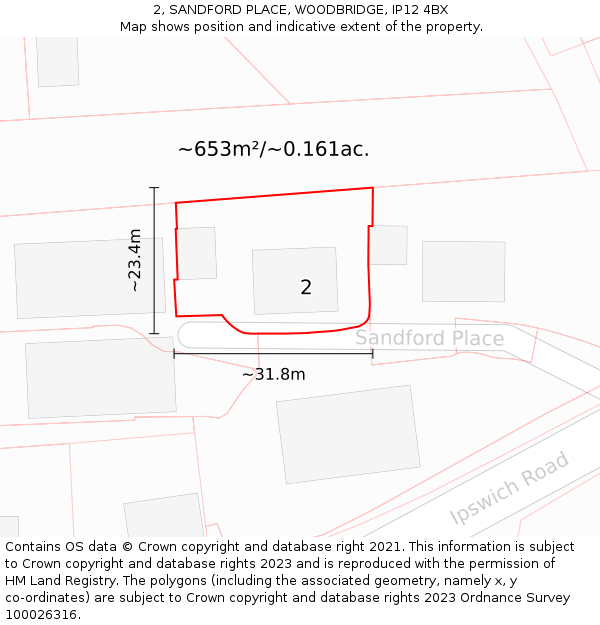 2, SANDFORD PLACE, WOODBRIDGE, IP12 4BX: Plot and title map